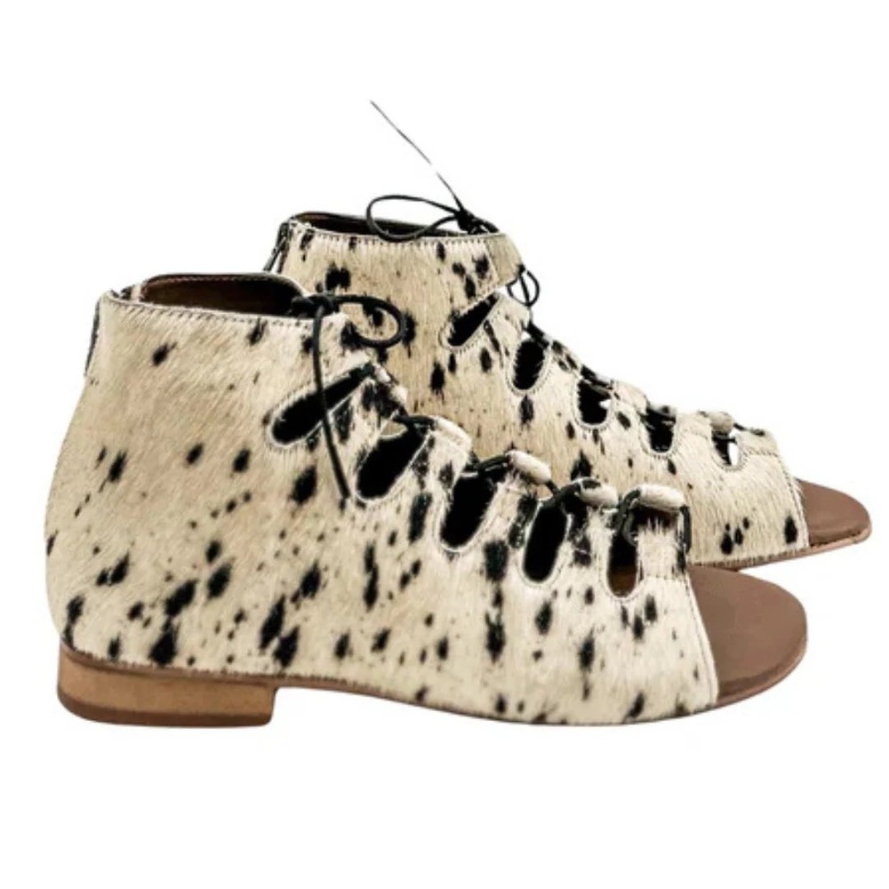 Naughty Monkey Nola Cow Print Calf Hair Lace Up Sandals Women 8 Black White